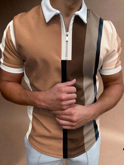 Muscle Fit Zip Polo Shirt – Premium Stretch Cotton Vertical Stripe Smart Casual Wear