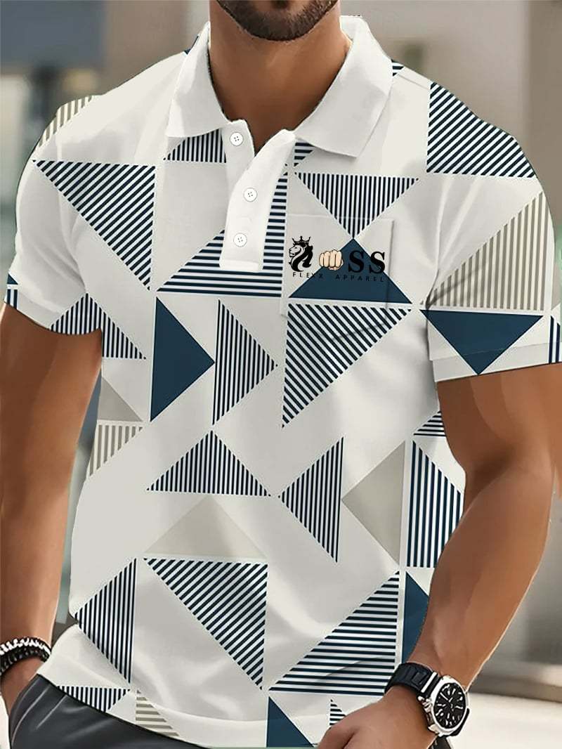 Muscle Fit Geometric Printed Polo Shirt – Premium Stretch Cotton Short Sleeve Smart Casual Wear