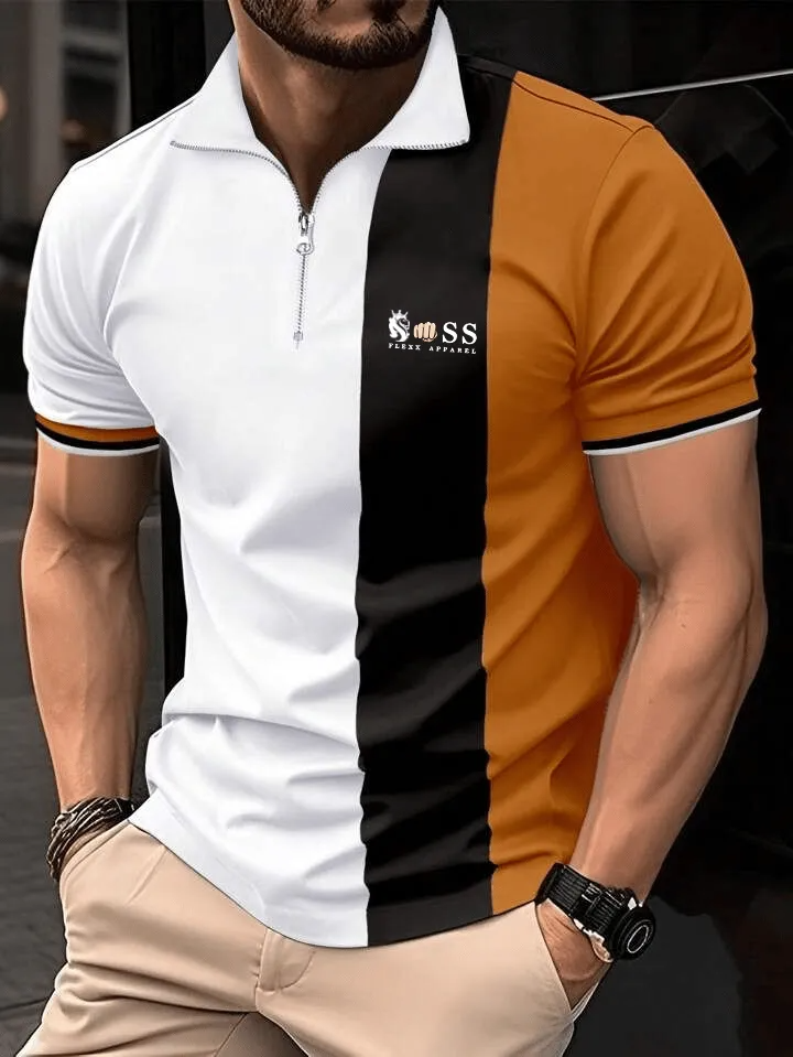 Muscle Fit Zip Polo Shirt – Premium Stretch Cotton Color Block Smart Casual Wear