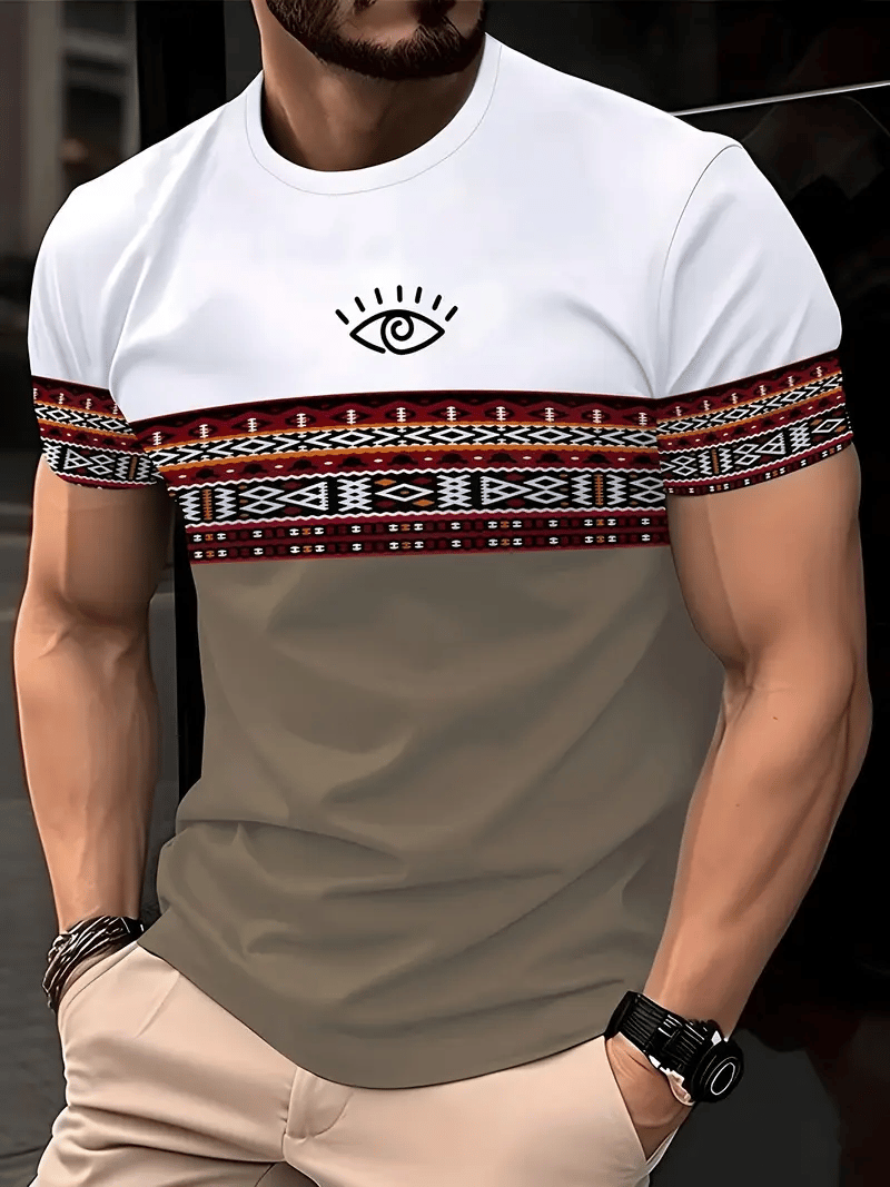 Muscle Fit Tribal Color Block T-Shirt – Premium Stretch Cotton Short Sleeve Casual Wear