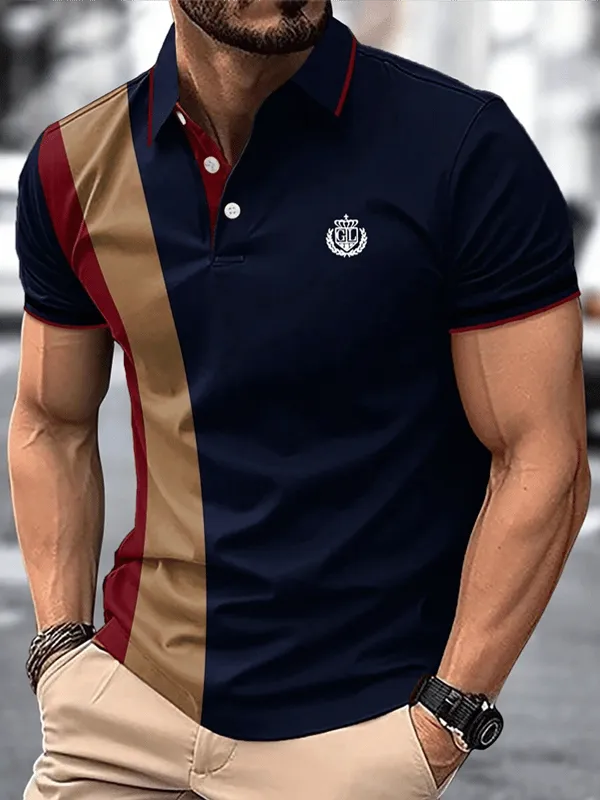 Muscle Fit Color Block Polo Shirt – Premium Stretch Cotton Short Sleeve Smart Casual Wear