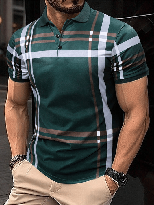 Muscle Fit Plaid Polo Shirt – Premium Stretch Cotton Short Sleeve Smart Casual Wear