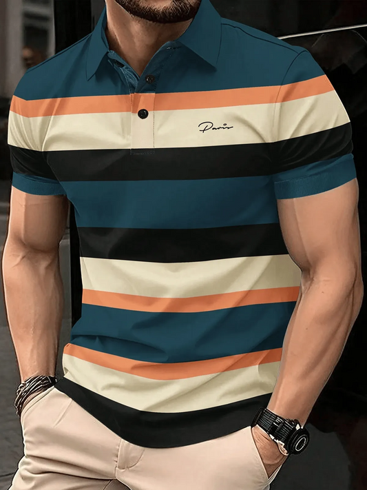 Muscle Fit Striped Polo Shirt – Premium Stretch Cotton Short Sleeve Smart Casual Wear
