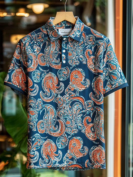 Muscle Fit Paisley Printed Polo Shirt – Premium Stretch Cotton Short Sleeve Luxury Casual Wear