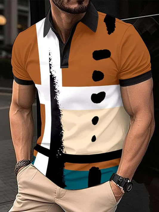 Muscle Fit Abstract Color Block Polo Shirt – Premium Stretch Cotton Short Sleeve Smart Casual Wear