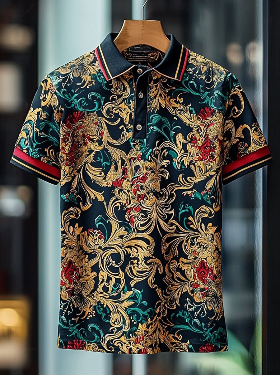 Muscle Fit Baroque Printed Polo Shirt – Premium Stretch Cotton Short Sleeve Luxury Wear