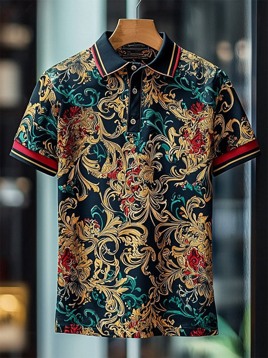 Muscle Fit Baroque Printed Polo Shirt – Premium Stretch Cotton Short Sleeve Luxury Wear